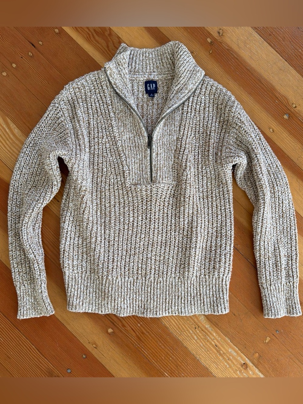 Gap White Tan Marbled Chunky Knit Quarter Zip Sweater Small